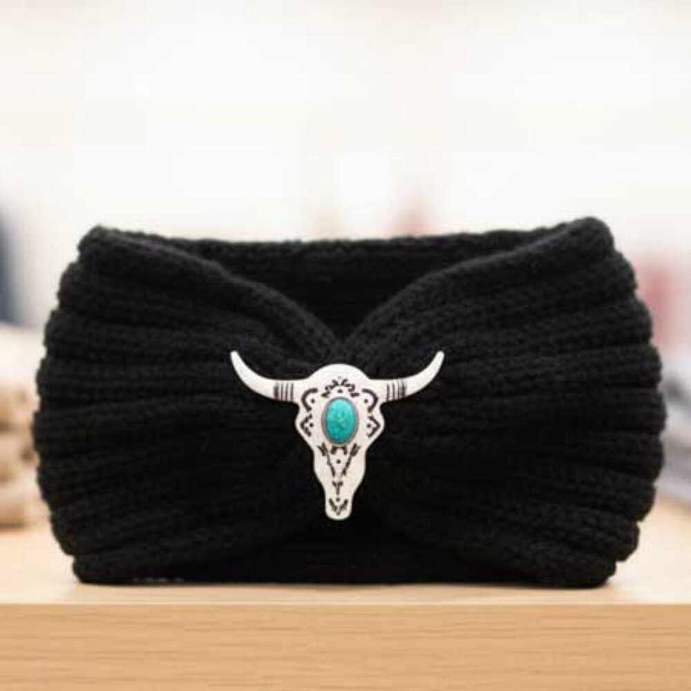 Ladies Black Bull Head Knitted Winter Headband - Winter Ear Warmers